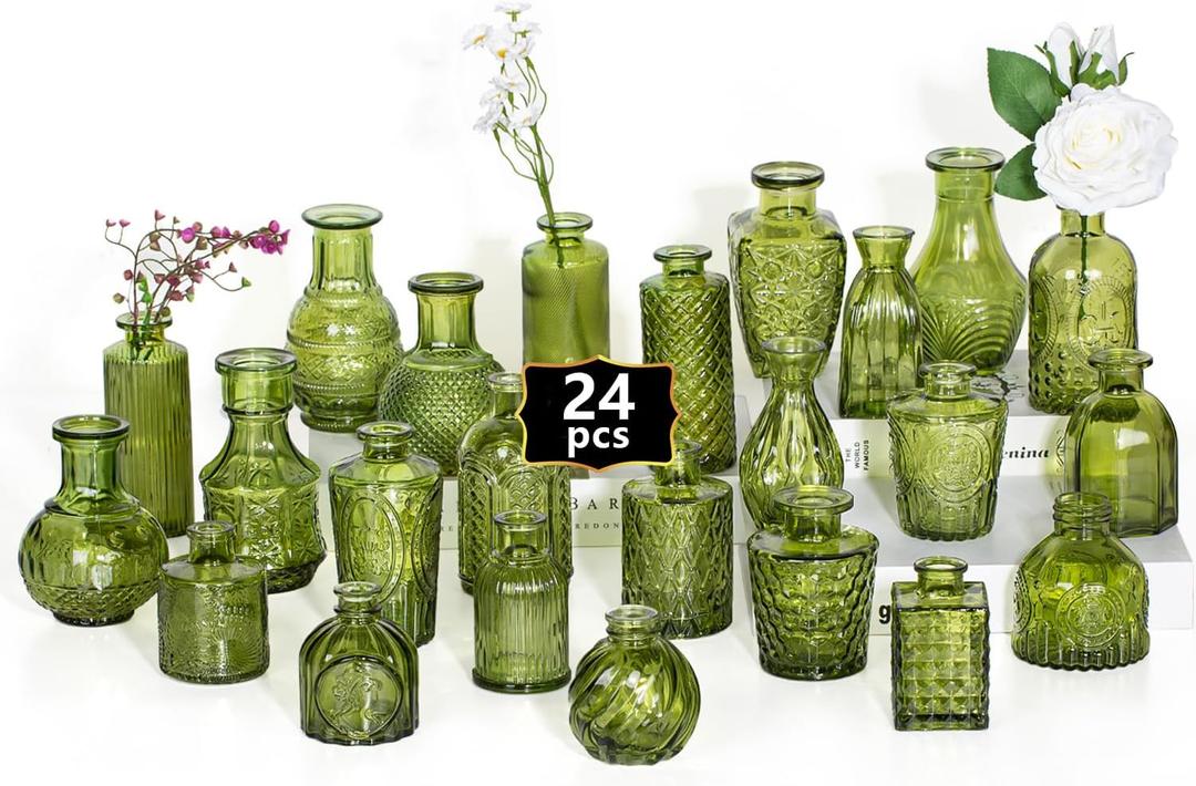 24PCS Mini Bud Vases As Wedding Centerpieces for Tables,Clear Bud Vases for Flowers,Small Flower Vases Suitable for Birthday Party,Anniversary,Wedding Reception,Baby Shower (Green, 24PCS)