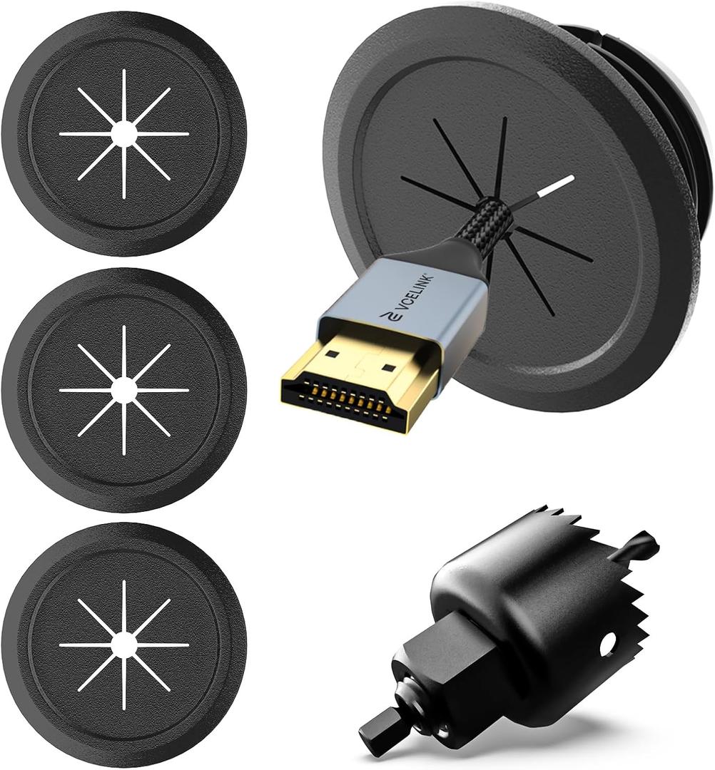 VCELINK TV Cord Hider for Wall Mounted TV  4-Pack 2.36" (60 mm) Mini Black Cable Management Grommets with 1 Hole Saw Drill Bit  Push-Through Wall Pass-Throughs for Mounted TVs, Desks, and Speakers