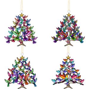 Hummingbird Christmas Ornament, 4 Pack 2D Acrylic Winter Decorations, Colorful Stacked Bird Holiday Home Decor (Large)