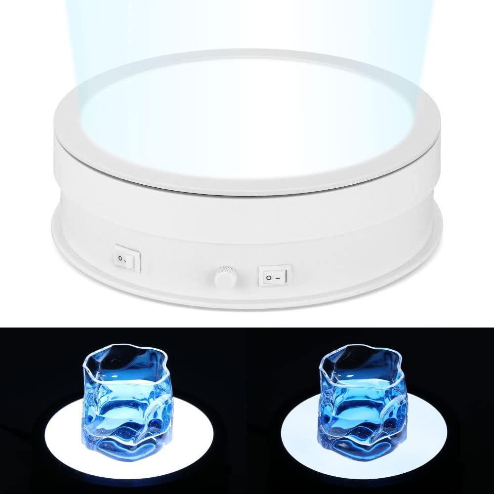Rotating Display Stand with LED Light, 7.9in/44lb Electric Turntable 360 Degrees Adjustable Lighting for Jewelry, Crystal, Product, Photography, Video, Live (White)