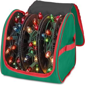 Premium Christmas Light Storage Bag  Heavy-Duty 600D Tear-Proof Material with Reinforced Handles  Includes 3 Reels, Stores up to 375 Ft of Mini Lights & Extension Cords  Green with PVC Lining