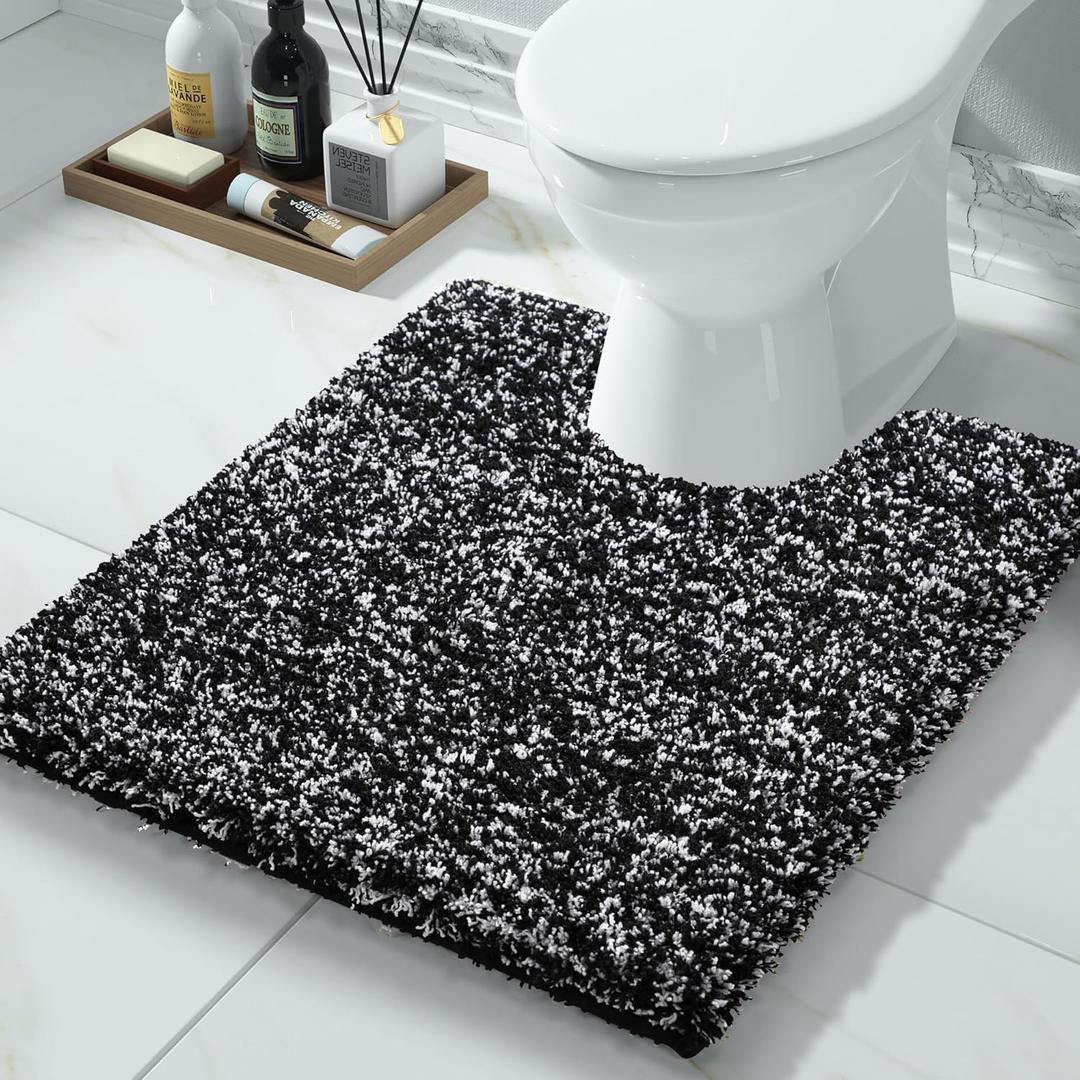 Yimobra Toilet Rugs U Shaped Washable 24x20, Ultra Soft and Water Absorbent Bath Mats, Non Slip Fluffy Shaggy Luxury Microfiber Contour Bath Rugs for Toilet, Dry Quick, Black and White