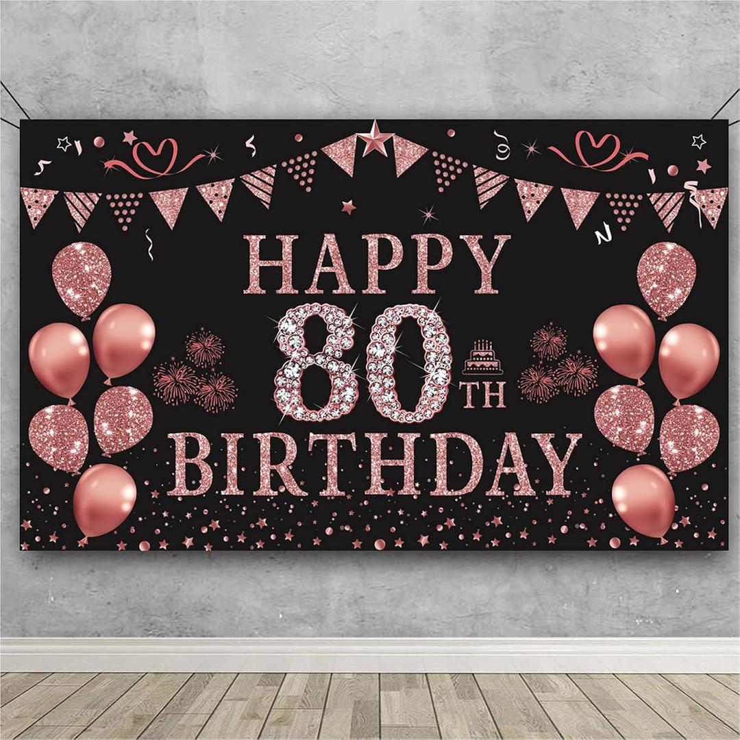 Trgowaul 80th Birthday Decorations for Women Rose Gold Birthday Backdrop Banner 5.9 X 3.6 Fts Happy 80th Birthday Party Suppiles Photography Supplies Background Happy 80th Birthday Decoration (Rose Gold 80th Birthday Banner5.9*3.6 ft)