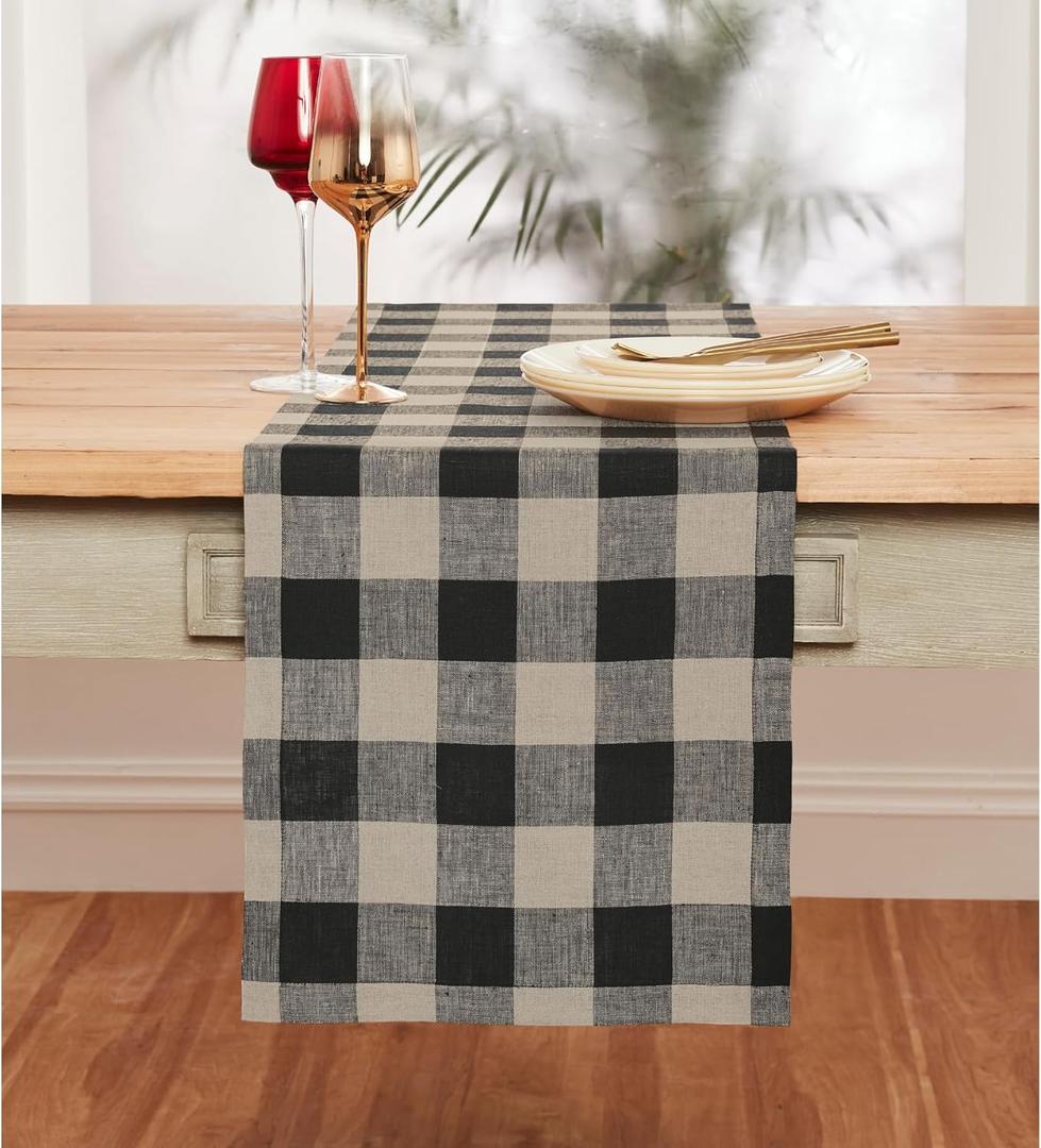 Solino Home Linen Plaid Table Runner 60 Inches - 100% Pure Linen Natural and Black Buffalo Check Short Table Runner 14 x 60 Inch Ideal for Dresser and Coffee Tables - Summer, Father's Day