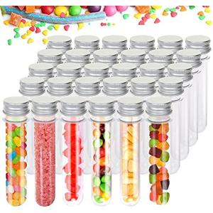 30 Pack 45 ML Bottles Plastic Test Tubes with Caps, Clear Bath Salt Tubes, Gumball Candy Container, Candy Storage Vials for Party Favors Science Experiment Home Décor(25x140mm)