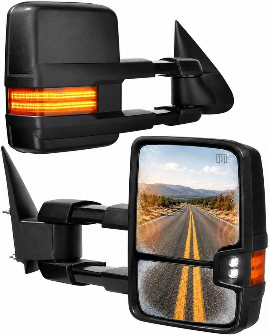 Towing Mirrors, Fit 2003 2004 2005 2006 Chevy Silverado GMC Sierra 1500 2500HD 3500(2007 Classic only) Power Adjusted Heated Glass Extended Tow Mirror Side Mirror w/LED Turn Signal Black