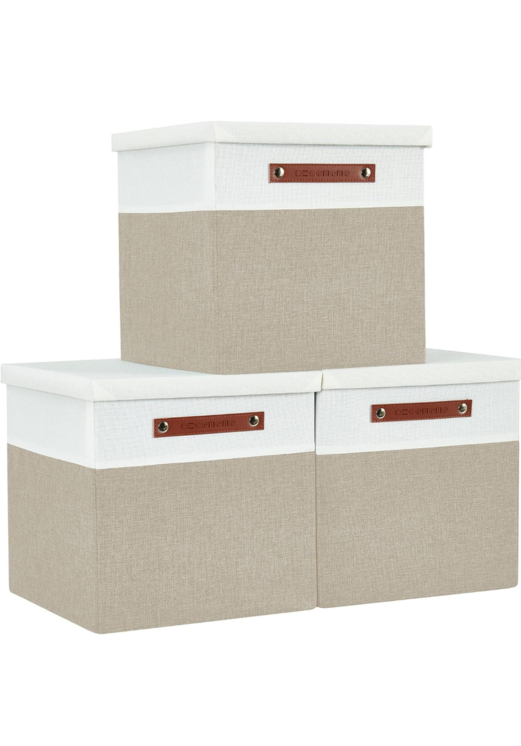 DECOMOMO Storage Basket with Lid, Storage Cubes with Handles, Fabric Box with Lid (Beige and White, 11” / 3 Pack)