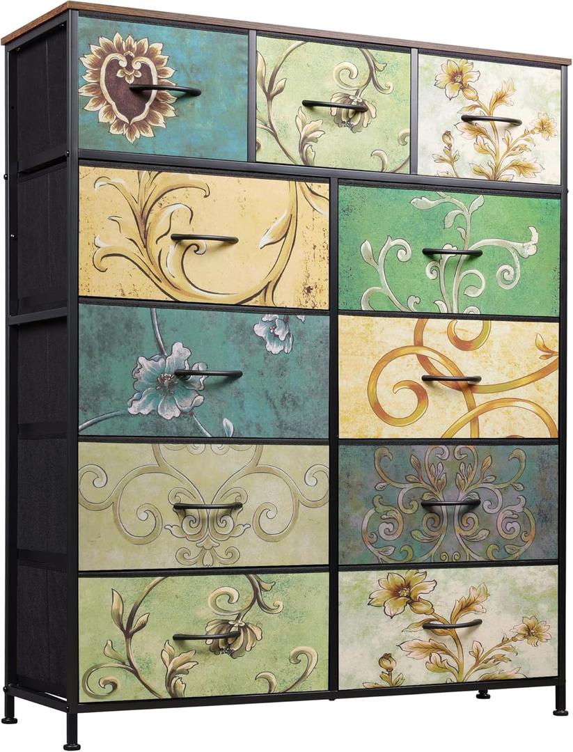WLIVE Tall Dresser for Bedroom, Fabric Dresser Storage Tower, Chest of Drawers Organizer Unit with 11 Drawers, Storage Cabinet, Hallway, Closets, Steel Frame, Wood Top, Vintage, Floral Painted