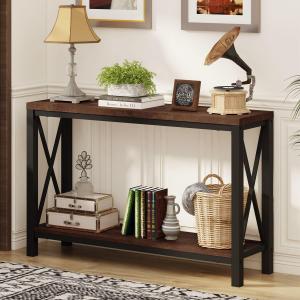 BON AUGURE 2 Tier Console Table for Entryway, Metal Wood Sofa Table Behind Couch for Living Room, Industrial Entry Tables for Hallway, Foyer, Front Door, Entrance (Rustic Oak, 47 Inch)