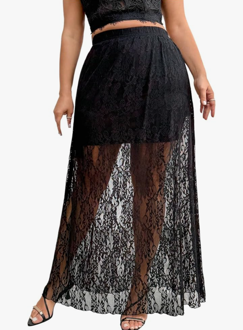 Verdusa Women's Plus Size Floral Lace Sheer Long Skirts High Rise A Line Flowy Skirt, Size 3XL