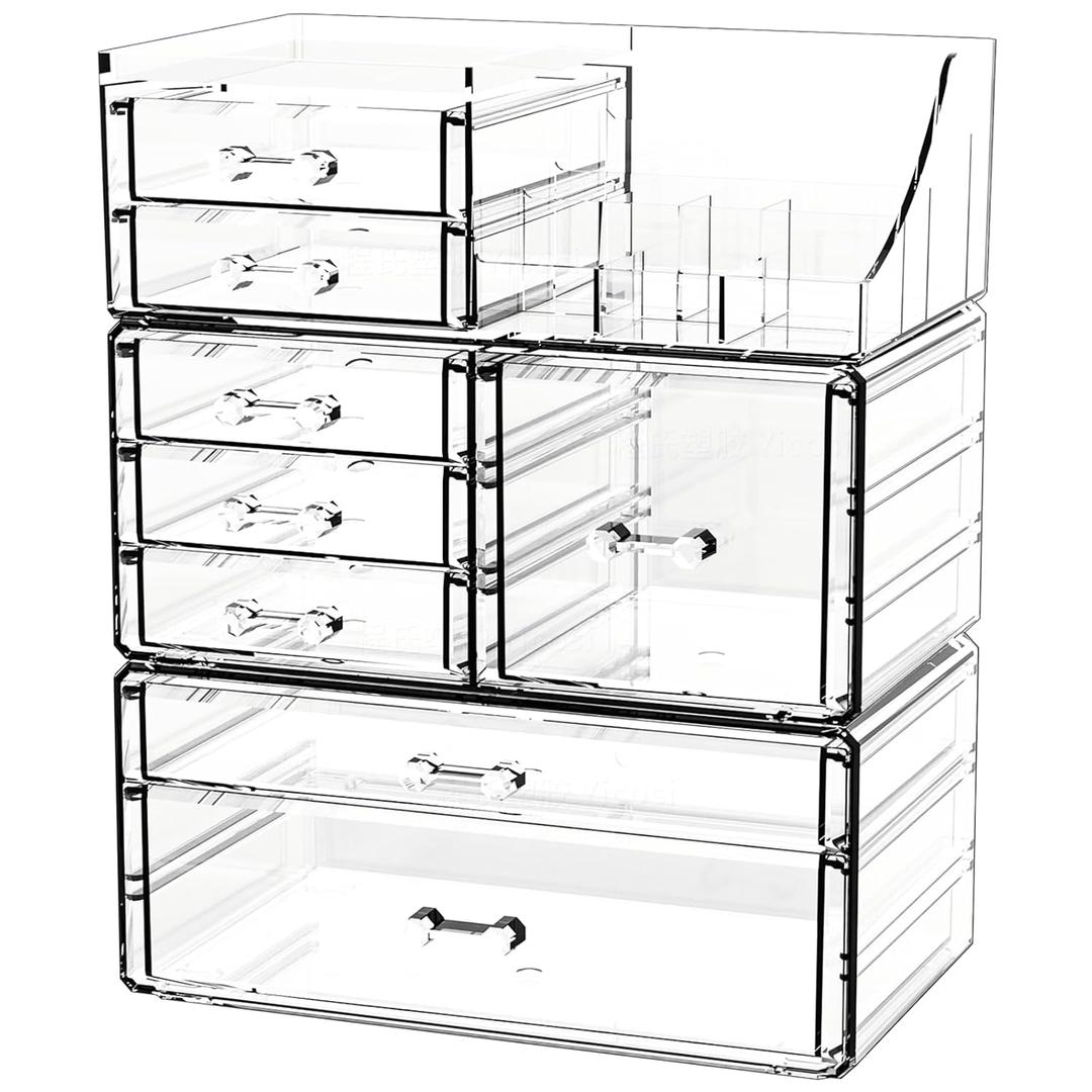Acrylic Clear Makeup Organizer Countertop,Stackable Skincare Organizer for Vanity With 8 Drawers,Large Plastic Desk Accessories Organization,Bathroom Cosmetic Organizer Countertop for Beauty,Skin Care (8 Drawers-Set of 3)