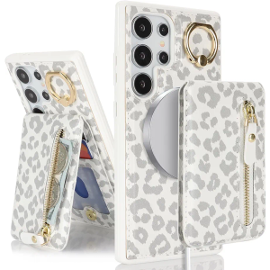 for Samsung Galaxy S24 Ultra Phone case with Card Holder with Compatible magsafe Magnetic, Key Chain PU Leather Flip Kickstand Detachable 2-in-1 Wallet case Women Men-White Leopard