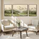 Large Framed Mountain Wall Art for Living Room, 3 Piece Modern Green Landscape Canvas Artworks, Forest River Nature Scenery Painting Prints for Bedroom Entryway Hallway Home Office Wall Decor, 24" H x 64" W