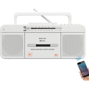 Portable Cassette Player Recorder Boombox with Bluetooth,USB,AM/FM Radio,Tape Player/Recording,USB Playback/Recording,Cassette to MP3 Converter (Gray+White)