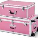 VEVOR Storage Trunk, Set of 2, Wooden Suitcase Storage Boxes with Padlocks, Large Trunk Includes Casters and 3 Metal Handles, Decorative Store Chest with Lids for Travel, Apartment, Dorm, Pink