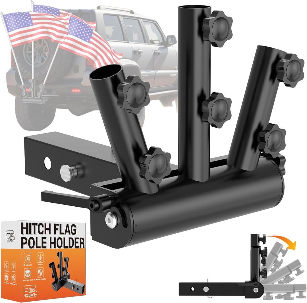 Hitch Flag Pole Holder, 90Adjustable & Quick Detach, 3 Triple Truck Flag Pole Mount for Jeep, Truck, Trailer, RV, Camper- Fit Standard 2" Hitch Receiver, Heavy Duty, Powder-Coated Finish