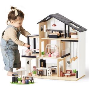 Tiny Land Doll House, Modern Family Dollhouse with Realistic Design, Wooden Dollhouse with 53Pcs Furniture - Ideal Gift for Kids Ages 3+
