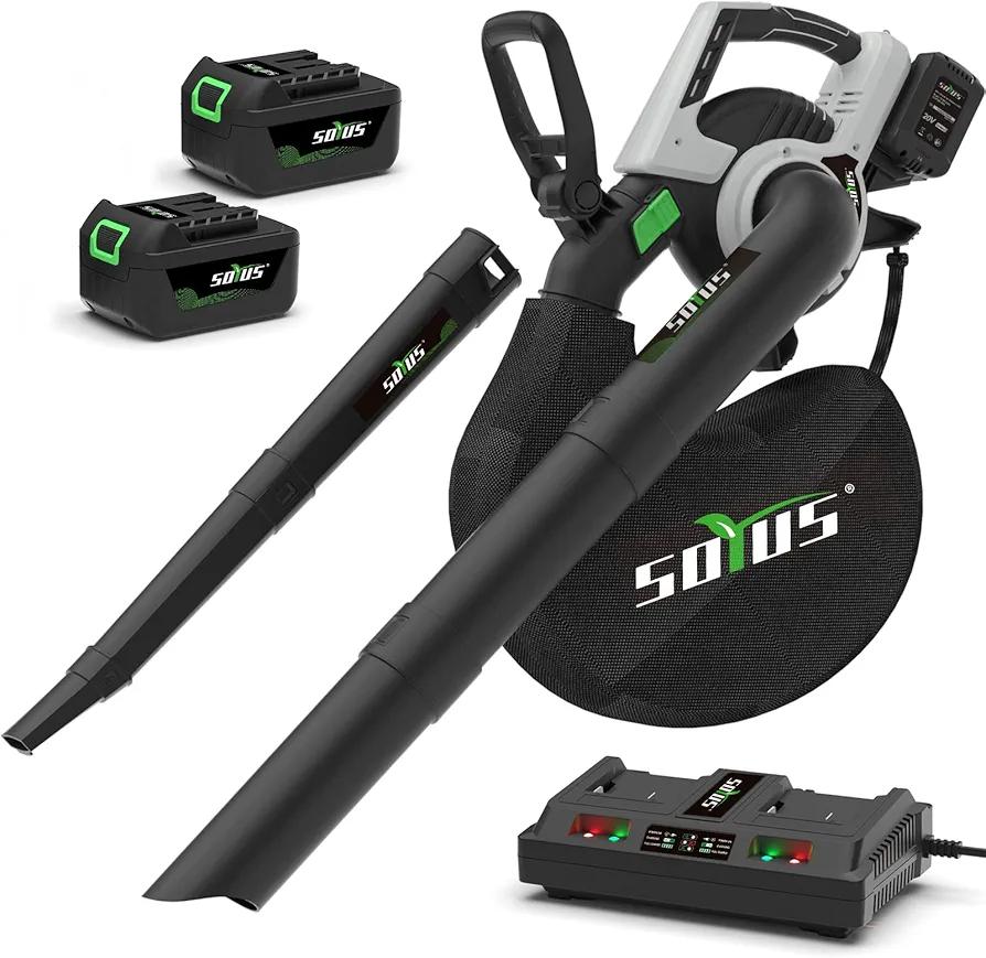 Cordless Leaf Blower&Vacuum SOYUS 3in1 Leaf Vacuum Mulcher 40V 360CFM 5 Speeds Brushless Battery Operated Leaf Blower for Lawn Care with 45L Bag (2 x 4.0Ah Battery and Charger Included)