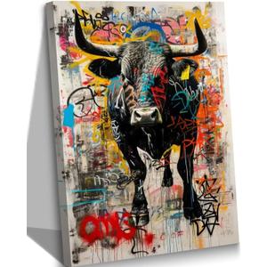 Bull Street Graffiti Canvas Wall Art Picture Animal Poster Print Modern Men Graffiti Painting Interesting Wall Decor Home Decoration for Living Room Bedroom Office 16x24in Framed