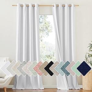NICETOWN 100% Absolutely Blackout Linen Curtains with Thermal Insulated White Liner, White, 52" Wide, Long Curtains 95" Long 2 Panels Set for Living Room, Thermal Insulated Privacy Drapes for Bedroom