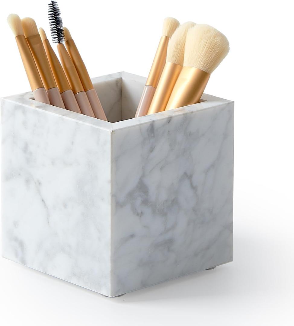 Real Luxurious Natural Marble Toothbrush Holder & Makeup Brush Organizer & Pen Holder for Desk,3.93inch Square Marble Utensil Holder Non-Ceramic/Non-Resin White