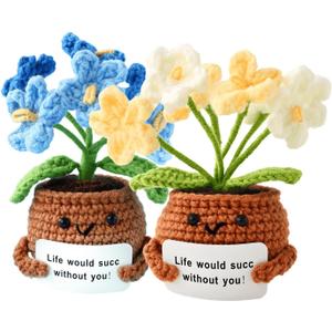 2PCS Positive Crochet Potted Emotional Support Plush Flowers with Positive Card Cheer Up for Room Car Home Office Decor(Blue and Yellow)