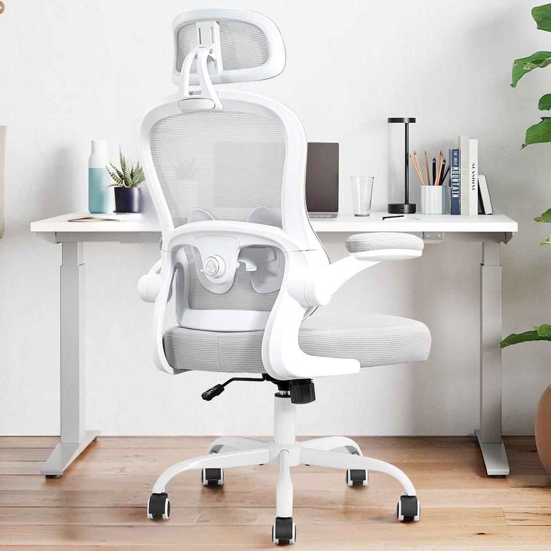 Ergonomic Office Chair,Ultra Thick Office Desk Chair with Adjustable Lumbar Support and Headrest,Spring Cushion,Rocking Function,Flip-up arms,Mesh Computer Chair for Home Office,Grey, 21.2 Inches x 20.5 Inches  50.3 Inches
