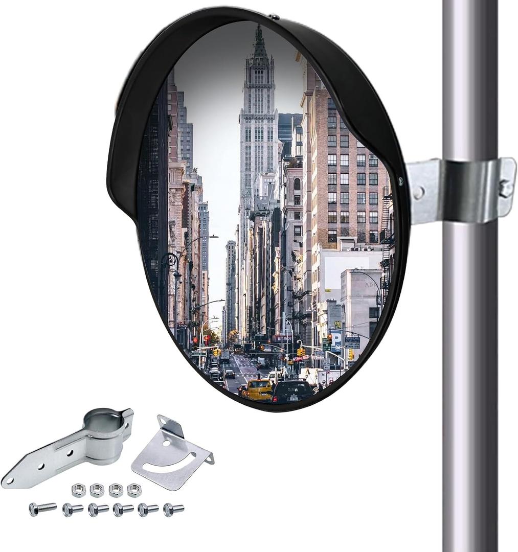 CNQLIS 18 Inch Convex Mirror Outdoor with Adjustable Wall Fixing Bracket | Blindspot Traffic Mirror for Driveway Garage Park Outdoor Wide Angle View Curved Security Blind Spot