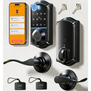 Veise VE017-L Fingerprint Smart Lock with Lever Handles, App Control, Keyless Entry Front Door Lock Set, Electronic Digital Keypad Deadbolt, Remote Grant, Emergency Power Port, Auto Lock, Matte Black