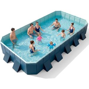 13 Ft Foldable Non-Inflatable Above Ground Swimming Pool - Rectangular Hard Plastic with Wood Frame, 160x94x20 in Outdoor Backyard Pool for Family, Kids, Pets