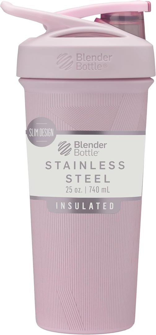 BlenderBottle Sport Shaker Cup Insulated Stainless Steel Water Bottle with Wire Whisk, 25-Ounce, Pink Stripes