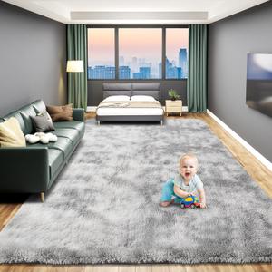 Large 9x12 Rugs for Living Room, Luxury Fluffy Shag Fuzzy Plush Soft Modern Area Rugs, Big Thick Soft Nursery Rug, Anti-Skid Fluffy Indoor Carpet for Kids Room Home Decor, Tie-Dyed Light Grey
