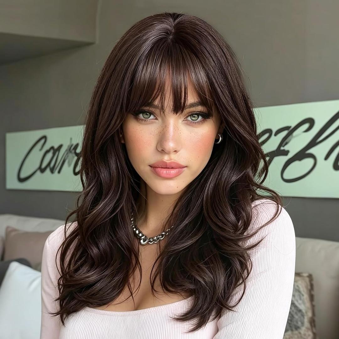 Lativ Dark Brown Wig with Bangs Layered Wavy Wig for Women Synthetic | 4x4 Realistic Scalp,Heat Resistant Fiber,Natural Looking,Beginner Friendly,Face-Framing Curly Layers for Daily Party 18 Inch