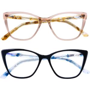 AQWANO Stylish Cat Eye Computer Reading Glasses Designer Blue Light Block Eyeglasses Readers Anti UV400 Digital Eyestrain for Women, 3.0 (2p (Bllack+champagne))