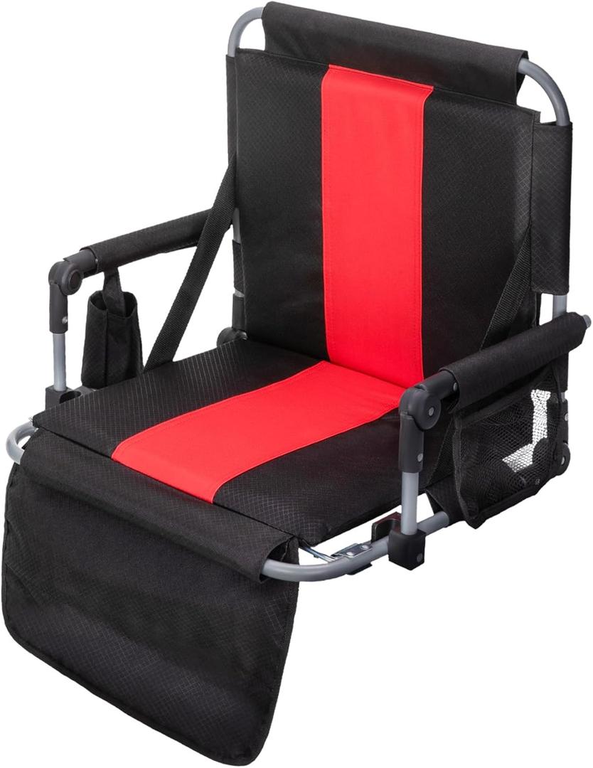 GREEN PARTY Stadium Seat for Bleachers Portable Outdoor Floor Folding Stadium Chair with Armrest, Back Support, Cup Holder, Mesh Bag and Hide Hooks (Black Red)