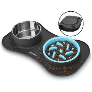 Slow Feeder Dog Bowls 3 in 1 Stainless Steel Food and Water Bowls with Non-Spill and Skid Silicone Mat to Slow Down Eating for Large Medium Small Breed Size Dogs and Cats (Dark Grey)