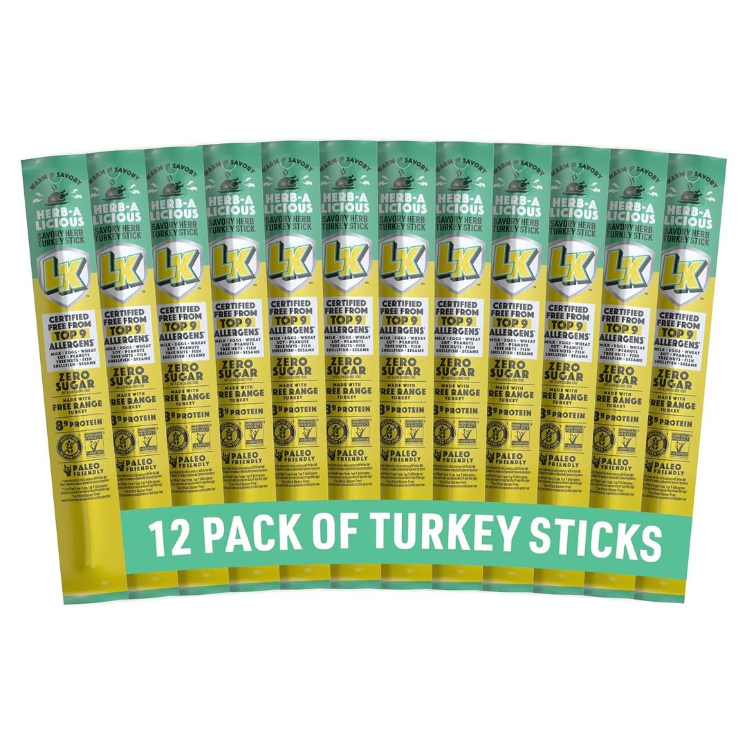 Lorissa's Kitchen Herb-A-Licious Savory Herb Turkey Sticks - (Pack of 12) 1 oz Meat Sticks - Ready to Eat Protein Snacks - Free from Top 9 Allergens - Made with Grass-Fed & Finished Beef - Zero Sugar (EXP 10/29/26)
