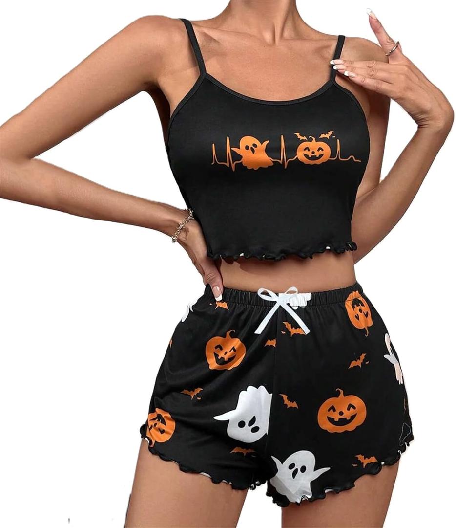 Mylleure Women Halloween 2 Piece Outfits Y2k Print Ruffle Sleeveless Cami Crop Tops High Waist Shorts Pajamas Set Loungewear (Small, Black + Orange Ghost)