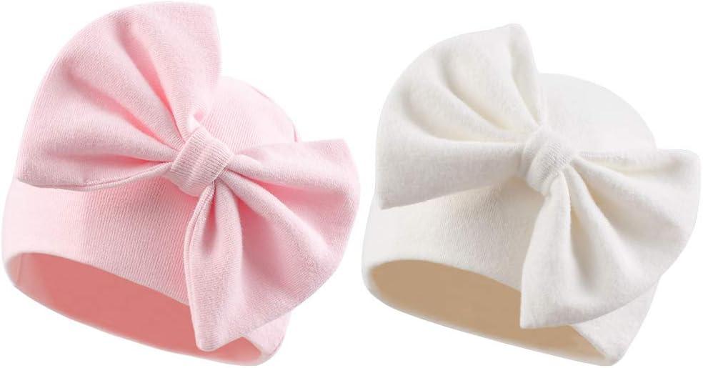 Bamery Newborn Baby Girl Hat Cotton Baby Bow Beanie Preemie Hats Spring Infant Hats for Girls 0-12 Months (White+pink)
