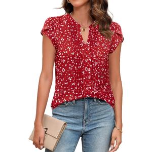 Blooming Jelly Womens Blouses Dressy Causal V Neck Pintuck Short Petal Sleeve Business Tops Ladies Summer Trendy Work Shirt (Large, Red Floral)