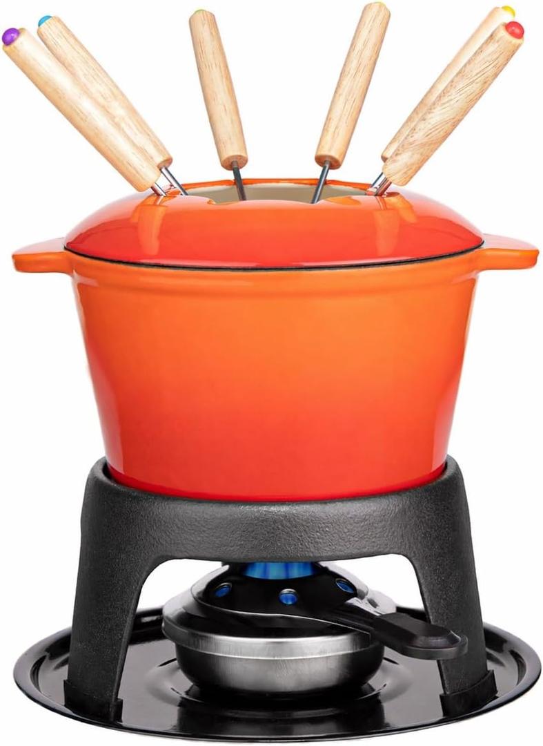 Mabeeze Cast Iron Fondue Pot Set Orange Enameled 1.6 Qt for Cheese, Chocolate, or Meat: Includes 6 Fondue Forks