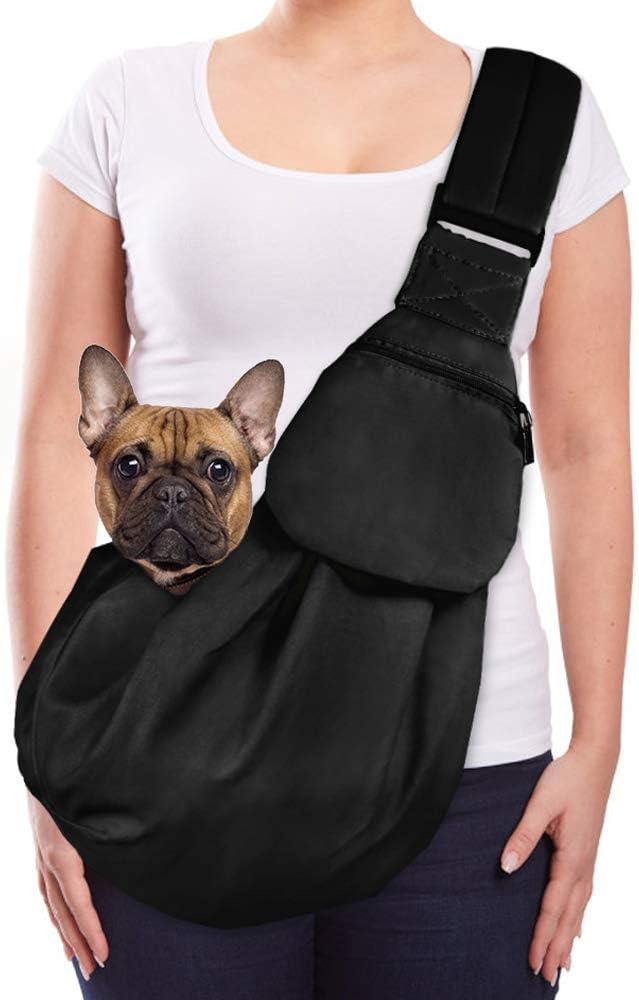 Lukovee Pet Sling, Hand Free Dog Sling Carrier Adjustable Padded Strap Tote Bag Breathable Cotton Shoulder Bag Front Pocket Safety Belt Carrying Small Dog Cat Puppy Machine Washable (Black, M) (A1- Black Cotton Fabric)
