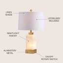 JONATHAN Y 23" Gold/White 2-Light Alabaster Rectangular Table Lamp with Night Light Modern Coastal Bedside Lamp for Bedroom with White Linen Drum Shade LED Bulbs Included JYL6202A