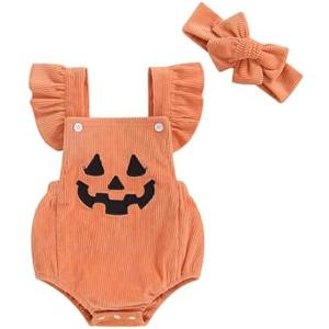 My First Halloween Baby Girl Outfit Newborn Pumpkin Face Print Bubble Romper Jumpsuit Overalls Pumpkin Clothes (6-12 Months)