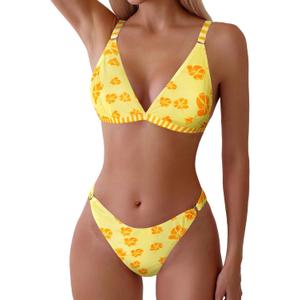 ZAFUL Women's 2 Piece Floral Print Swimsuit Triangle String High Cut Bikini Sets Bathing Suit (Medium, 1-lemon Yellow)