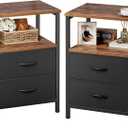 Huuger Night Stand Set of 2, Nightstand with 2 Drawers, Bed Side Table with Open Shelf, Wooden Top, End Table, Fabric Drawer, for Bedroom, Rustic Brown and Black