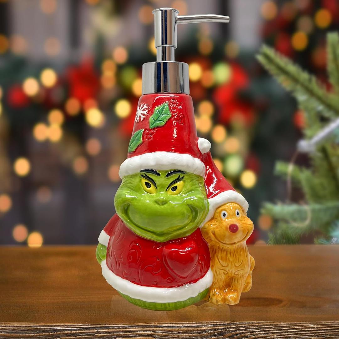 Christmas Soap Dispenser, Christmas Bathroom Decor Green Ceramic Soap Dispenser for Countertop, Xmas Bathroom Decorations Refillable Hand Soap Dispenser with Pump for Kitchen