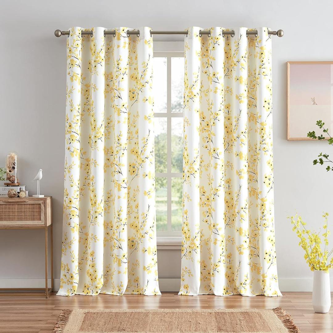 Melodieux Floral Curtains 84 Inches Long for Living Room, Farmhouse Yellow Apricot Flower Print White Decorative Grommet Drapes, 52x84 Inch, 2 Panels