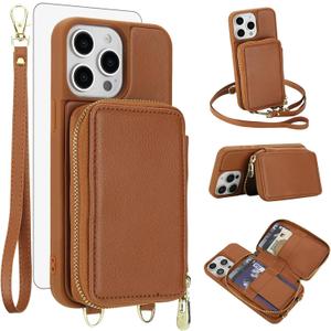 Phone Case for iPhone 15 Pro Max 6.7 inch Wallet Cell Cover with Tempered Glass Screen Protector Crossbody Strap Lanyard RFID Blocking Card Holder i Phone15 15Pro i15 ProMax 15ProMax Women Men Brown