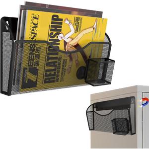 Magnetic File Holder 1 Pockets File Folder Organizer with Pen Holder, Office Hanging Magazine Rack for File Cabinets, Magnetic Paper Holder, No Drilling Mail Organizer for Refrigerator, Office (Black)